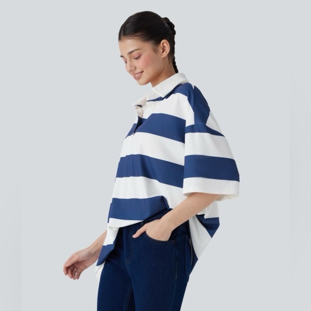 Polo Neck Dropped Shoulder Colorblock Stripe Oversize Casual T-Shirt XL CR4-11
